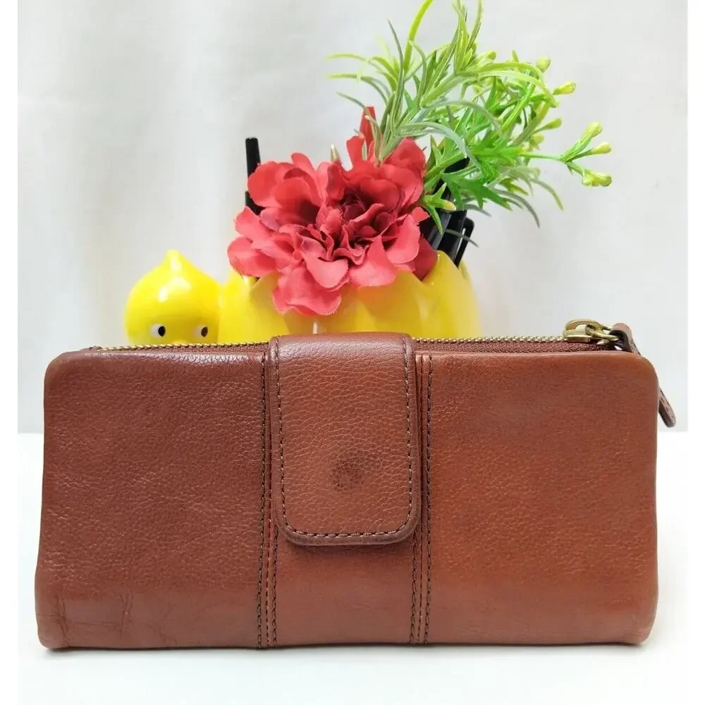 Fossil Ella Brown Leather Credit Card ID Window Zipper Bifold Wallet